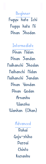 Matsubayashi KATA
Beginner
Fugyu kata Ichi
Fugyu kata Ni
Pinan Shodan

Intermediate
Pinan Nidan
Pinan Sandan
Naihanchi Shodan
Naihanchi Nidan
Naihanchi Sandan
Pinan Yondan
Pinan Godan
Arnanku
Wanshu
Wankan (Okan)

Advanced
Rohai
Goju-shiho
Passai
Chinto
Kusanku
